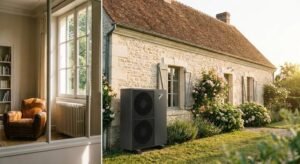 Modern air-source heat pump outside a renovated old building with a traditional radiator visible through the window.