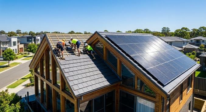 Modern roof renovation with new dark tiles and solar panels, showcasing energy efficiency and 2024 building standards.