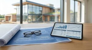 Modern architectural blueprints and a digital tablet showing construction cost planning for a new 2024 residential building.