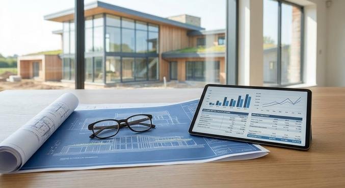 Modern architectural blueprints and a digital tablet showing construction cost planning for a new 2024 residential building.