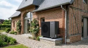Modern air-source heat pump installed outside a traditional old building for sustainable heating modernization.