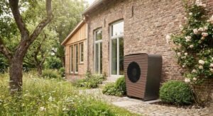 A modern heat pump installed next to a traditional renovated house, illustrating energy efficiency upgrades for old buildings.