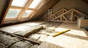 A cross-section of a walkable attic floor showing insulation layers and wooden OSB boards being installed in a bright, clean attic.