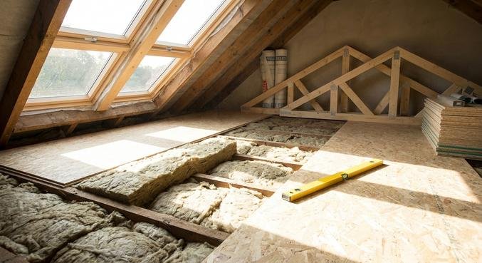 A cross-section of a walkable attic floor showing insulation layers and wooden OSB boards being installed in a bright, clean attic.