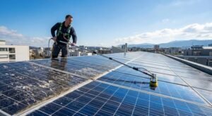 Professional cleaning of rooftop solar panels using a specialized water-fed brush to improve energy efficiency.