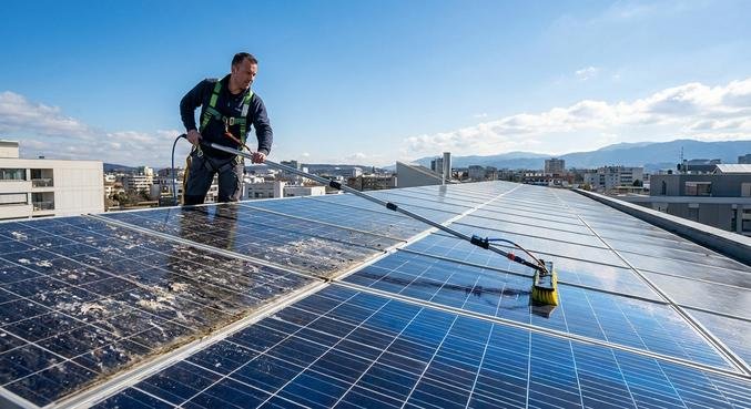 Professional cleaning of rooftop solar panels using a specialized water-fed brush to improve energy efficiency.