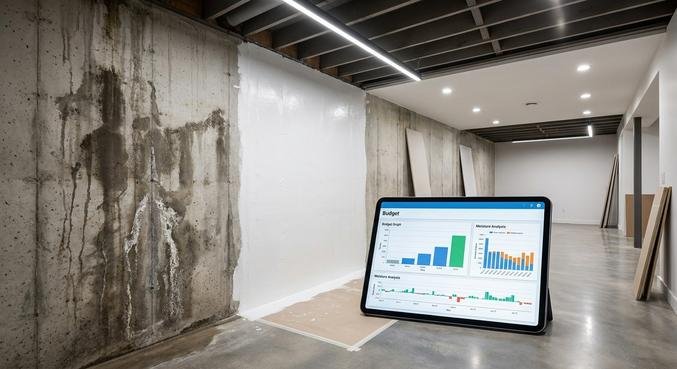 Interior basement waterproofing in progress, featuring a damp wall, a newly sealed section, and a cost-analysis tablet.