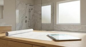 A modern bathroom renovation scene with architectural blueprints and a tablet showing cost calculations.