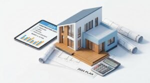 Modern house model with a digital cost checklist and architectural blueprints for 2024 construction planning.