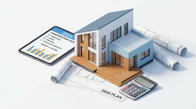 Modern house model with a digital cost checklist and architectural blueprints for 2024 construction planning.