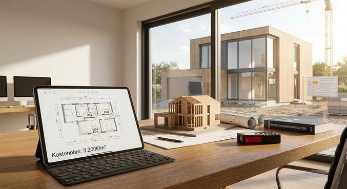 Professional architectural planning scene showing a modern house model and cost calculation charts for 2024.