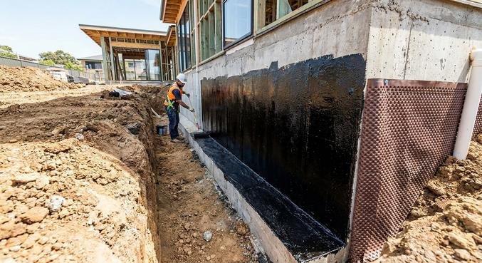 A professional basement waterproofing project showing an excavated foundation wall with a black bitumen coating and drainage membrane.