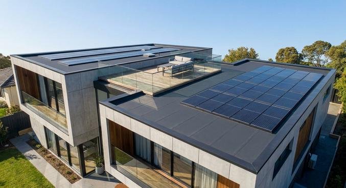 Modern flat roof renovation featuring high-quality materials and energy-efficient elements like solar panels under a clear sky.