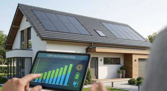 Modernes Haus mit neu saniertem, energieeffizientem Dach und einem Tablet mit Kostenplanung im Vordergrund.