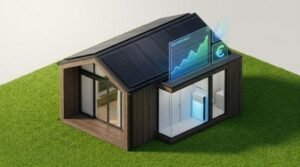 Modern house with rooftop solar panels and a battery storage system, representing 2024 photovoltaic costs.