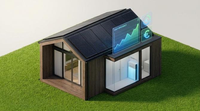 Modern house with rooftop solar panels and a battery storage system, representing 2024 photovoltaic costs.