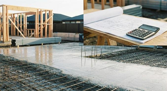 A freshly poured concrete floor slab with steel reinforcements at a modern residential construction site.