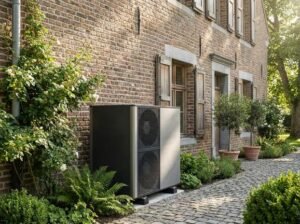 Modern heat pump unit installed next to a renovated classic brick house, symbolizing energy efficiency in old buildings.