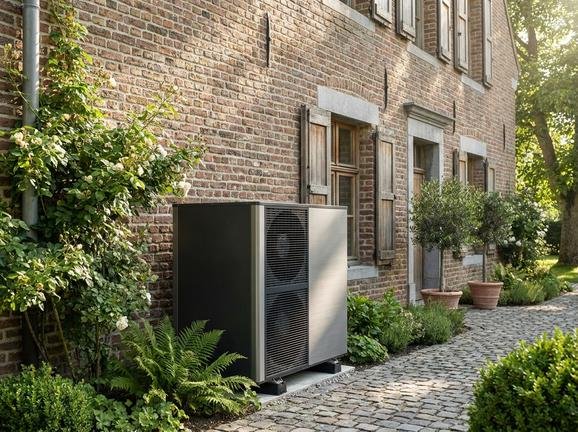 Modern heat pump unit installed next to a renovated classic brick house, symbolizing energy efficiency in old buildings.