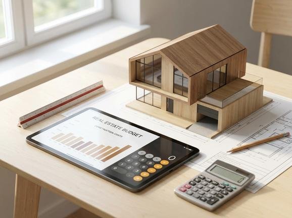 Modern house model on blueprints with a calculator and coins, illustrating construction costs per square meter.