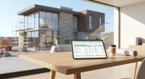 Modern house under construction with a digital tablet showing architectural building costs per square meter.