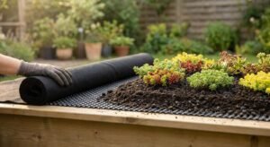 A close-up of a lush, sustainable green roof on a wooden garden shed with visible substrate layers.