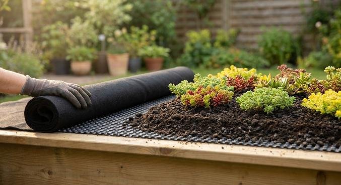 A close-up of a lush, sustainable green roof on a wooden garden shed with visible substrate layers.