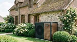 Modern air-source heat pump installed next to a traditional renovated old building with a green garden.