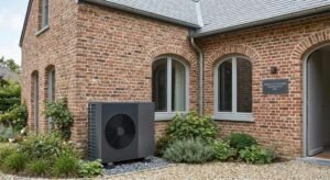 Modern air-source heat pump installed next to a renovated traditional brick house for energy efficiency.