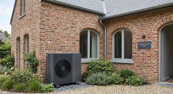 Modern air-source heat pump installed next to a renovated traditional brick house for energy efficiency.