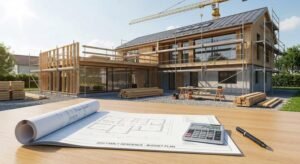 A modern house under construction with blueprints and a calculator, illustrating 2024 house building costs.