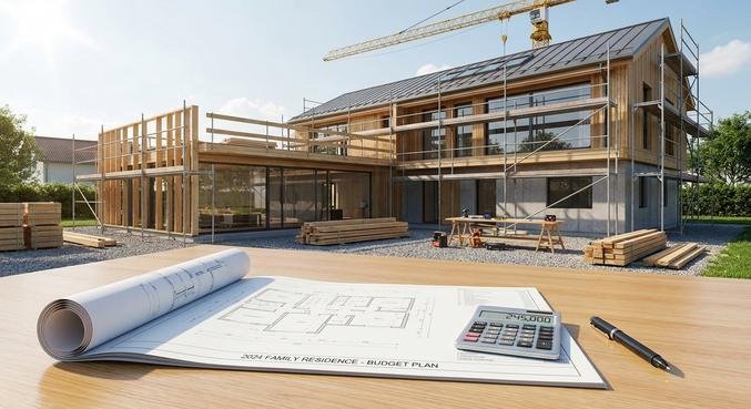 A modern house under construction with blueprints and a calculator, illustrating 2024 house building costs.