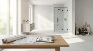 Modern bathroom interior featuring architectural blueprints, a digital tablet with a 3D design, and high-end fixtures.