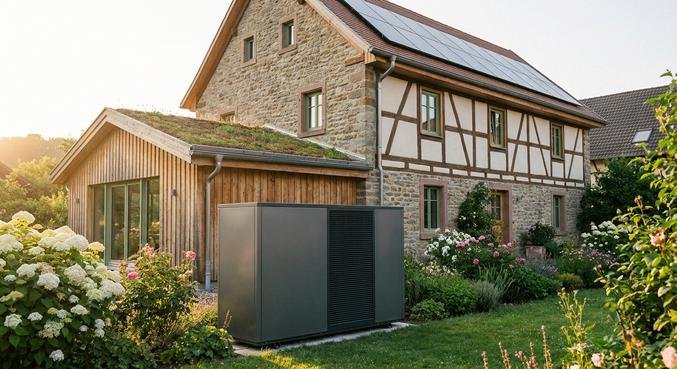 Modern air-source heat pump unit installed outside a renovated traditional old building for energy efficiency.
