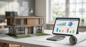 Modern house model with blueprints and a tablet showing construction cost graphs and budget planning.