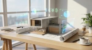 Modern house model on architectural plans with digital cost charts, representing 2024 building costs and budget planning.