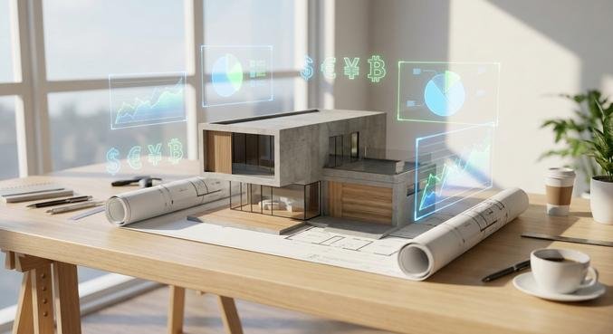 Modern house model on architectural plans with digital cost charts, representing 2024 building costs and budget planning.