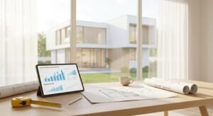 Modern house architectural plan with financial charts showing construction costs per square meter for 2024.