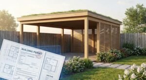 Modern wooden carport next to a property boundary fence with architectural plans and building permit documents.