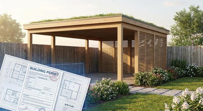 Modern wooden carport next to a property boundary fence with architectural plans and building permit documents.