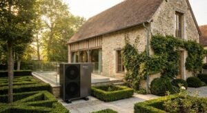 A modern outdoor heat pump unit installed next to a renovated traditional European building with clean white walls.