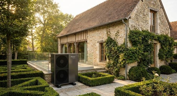 A modern outdoor heat pump unit installed next to a renovated traditional European building with clean white walls.