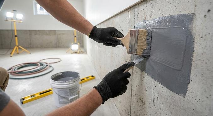 A person applying grey waterproofing sealant to a basement wall during a home renovation.