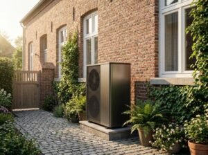 Modern air-source heat pump installed outside a renovated traditional old building during a sunny day.