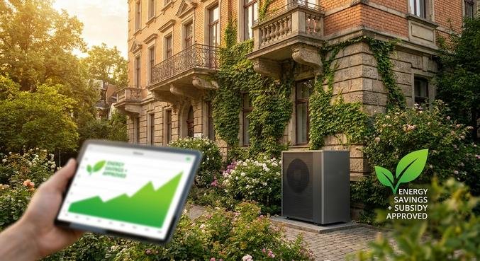 A modern air-source heat pump installed outside a renovated classic brick building, symbolizing energy efficiency.