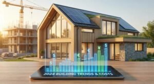 Modern sustainable house under construction with financial charts representing 2024 building costs and energy standards.