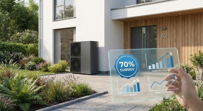 A modern heat pump outside a minimalist house with a digital display showing 70 percent government subsidies.