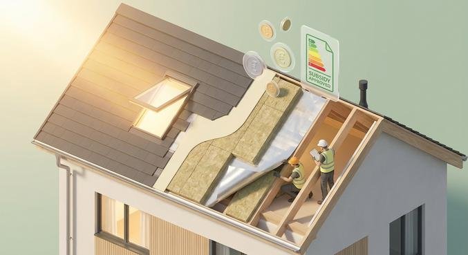 Cutaway illustration of a modern roof showing insulation layers and icons for cost savings and energy efficiency.