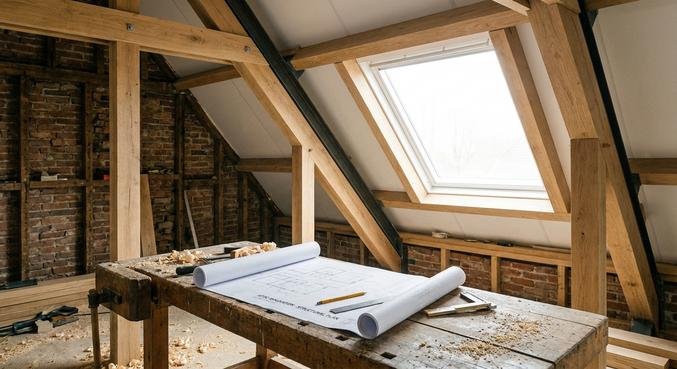 New wooden roof beams in a bright attic during a structural renovation project.