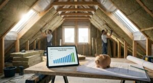 A modern attic renovation showing roof insulation materials installed between wooden rafters with natural lighting.